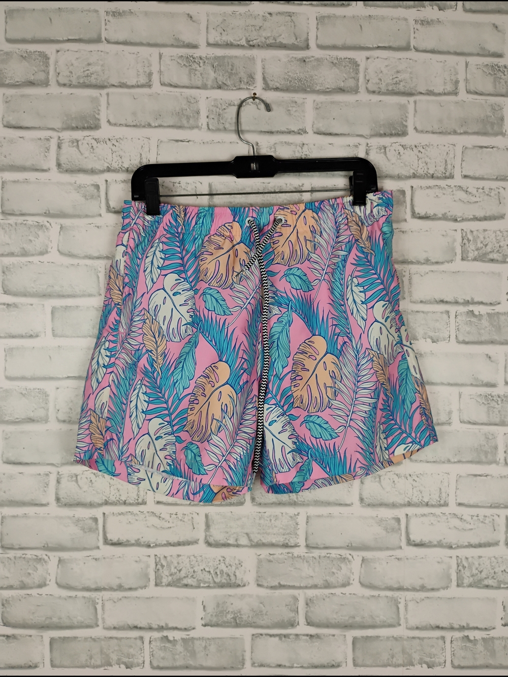 Tropical Leaf Men's Board Shorts Pink with Teal Accents